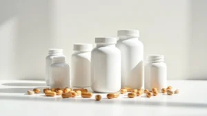 Professional supplement bottles and capsules arranged on clean white surface with soft natural lighting, showing various tablets and powder formulations in premium containers