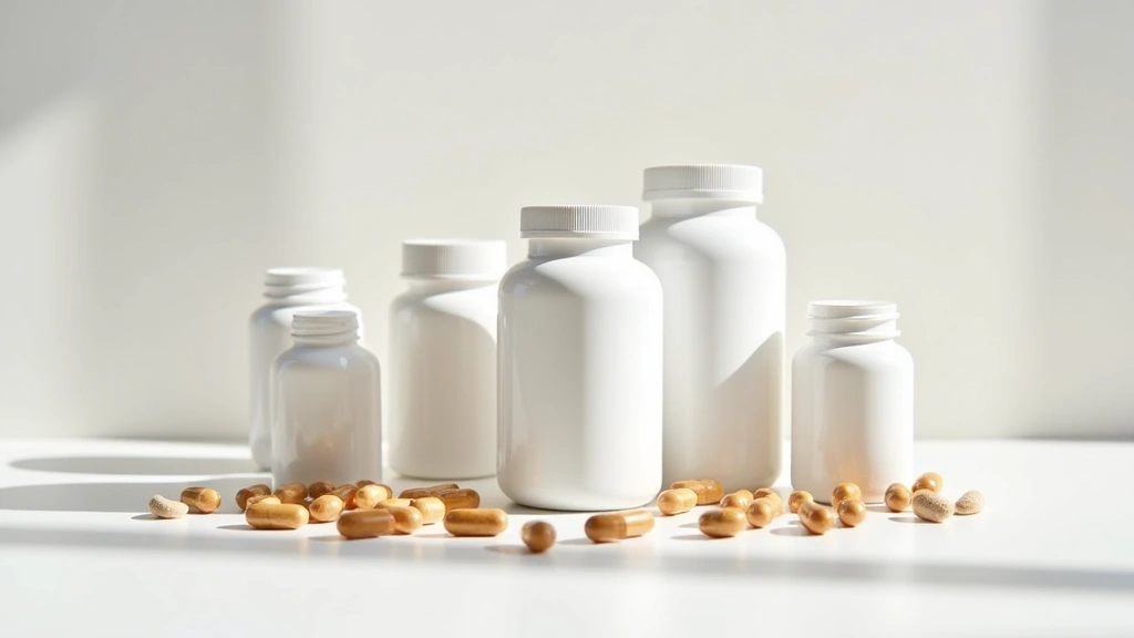 Professional supplement bottles and capsules arranged on clean white surface with soft natural lighting, showing various tablets and powder formulations in premium containers