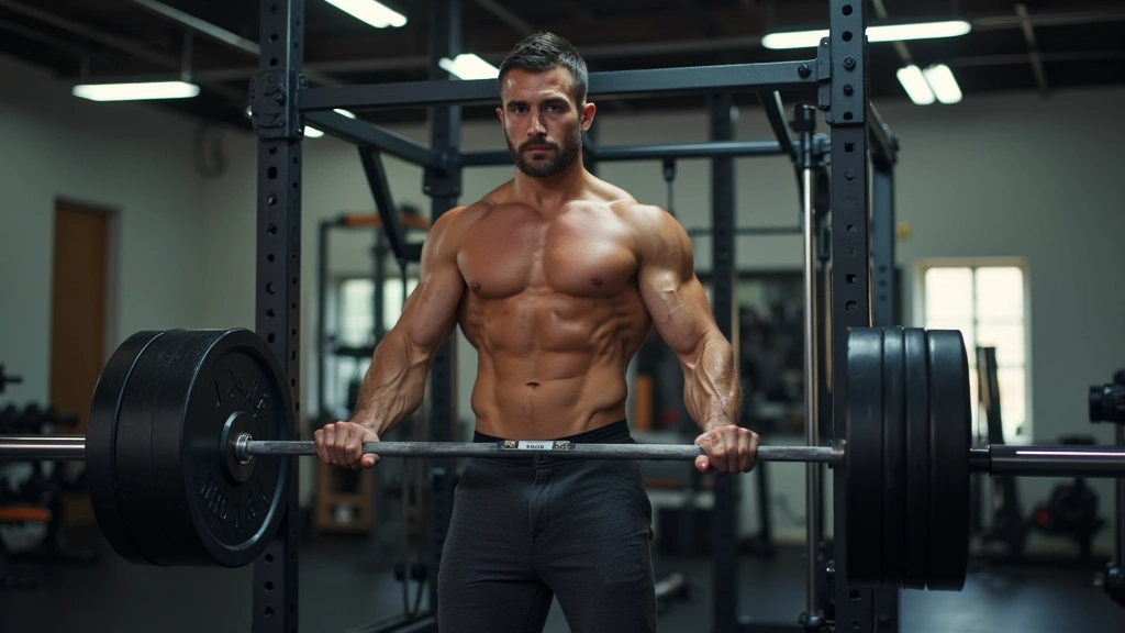 Muscular athlete in gym performing heavy compound lift with proper form, showcasing strength training environment with resistance equipment and professional fitness setting