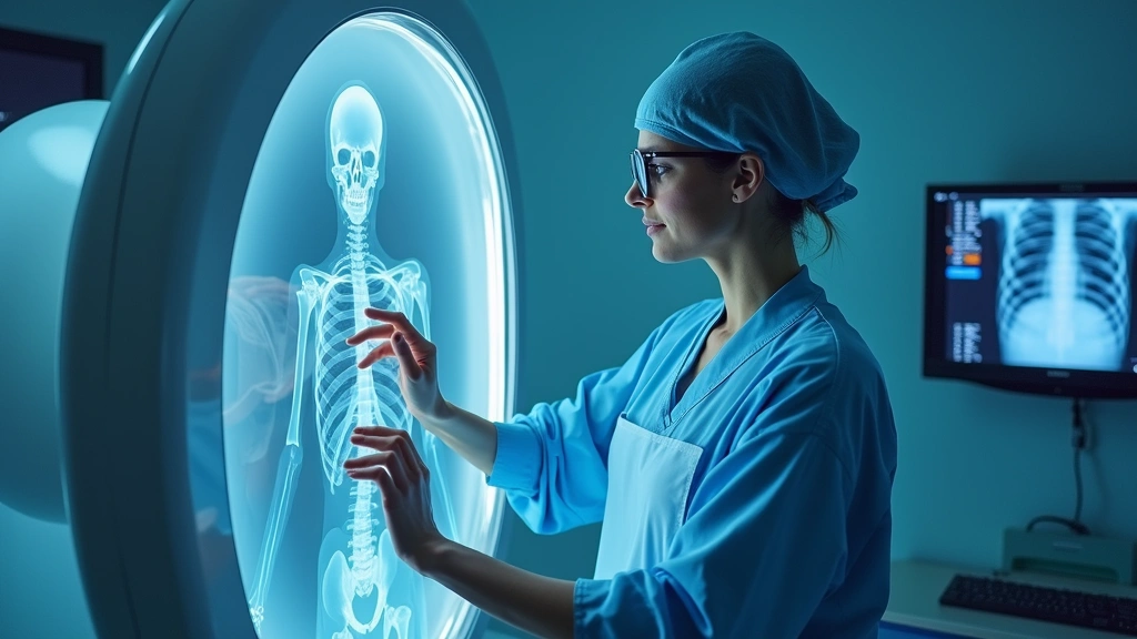 Professional radiologic technologist operating modern digital X-ray equipment in hospital radiology department, wearing protective lead apron, modern imaging technology visible