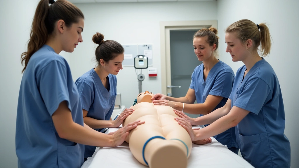 Students practicing patient positioning techniques on mannequin in radiology lab, using positioning sponges and alignment tools, clinical training environment