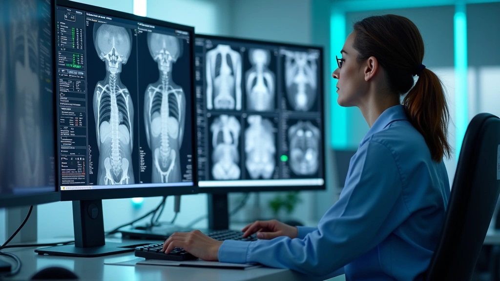 Radiologic technologist reviewing diagnostic images on PACS workstation with multiple monitors, demonstrating digital imaging workflow in modern healthcare facility