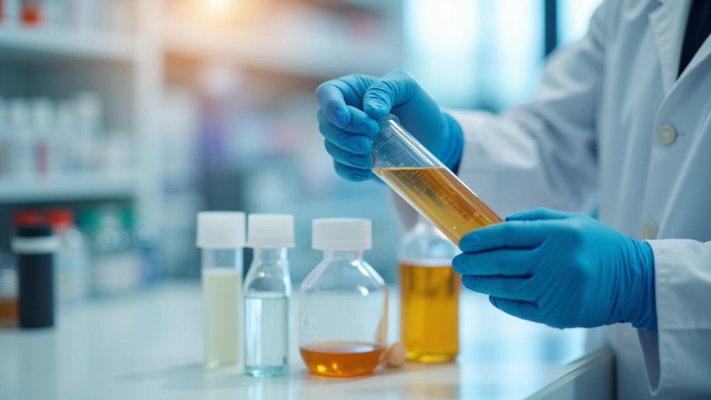Close-up of pharmacy technician hands carefully measuring liquid medication with precise graduated cylinder in bright clinical pharmacy environment, professional sterile setting