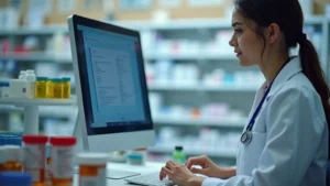 Close-up of pharmacy technician working at digital computer terminal with prescription bottles and medication vials visible, professional healthcare setting, natural lighting
