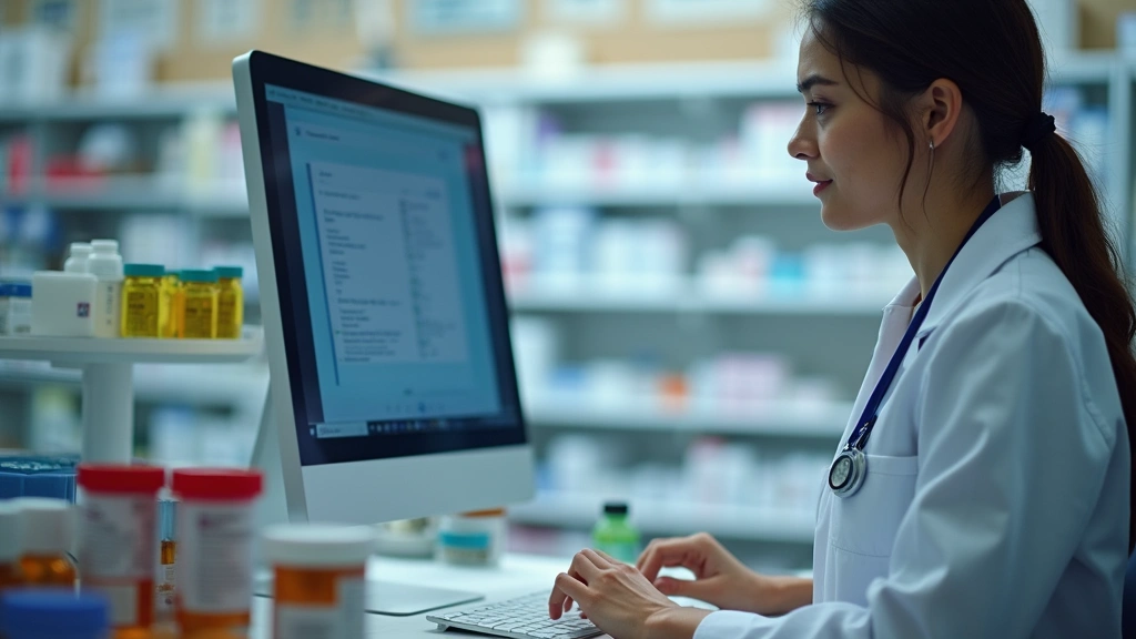 Close-up of pharmacy technician working at digital computer terminal with prescription bottles and medication vials visible, professional healthcare setting, natural lighting