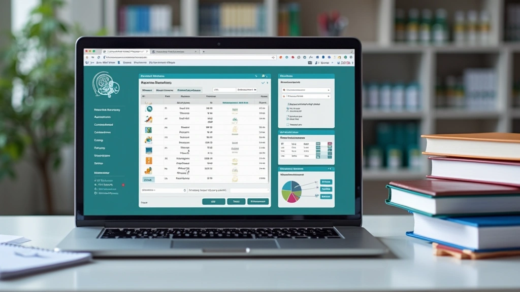 Online learning setup showing laptop with pharmacy simulation software displaying medication database interface, alongside pharmacy textbooks and study notes on desk