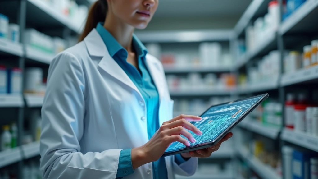 Pharmacy technician in white coat using tablet device with virtual interface showing medication information and patient data, modern pharmacy environment with organized shelving