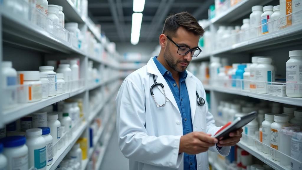 Pharmacy technician wearing professional white coat reviewing medication inventory using barcode scanner system in modern retail pharmacy shelf with organized medicine bottles