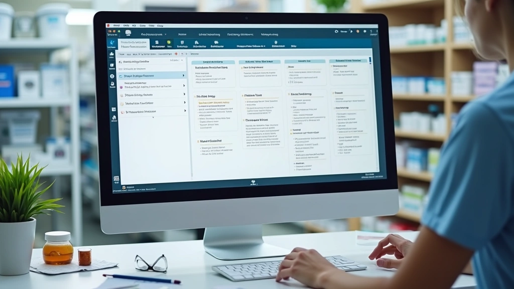 Split-screen showing online learning interface on computer monitor next to pharmacy countertop with prescription materials, representing online education meeting practical pharmacy work