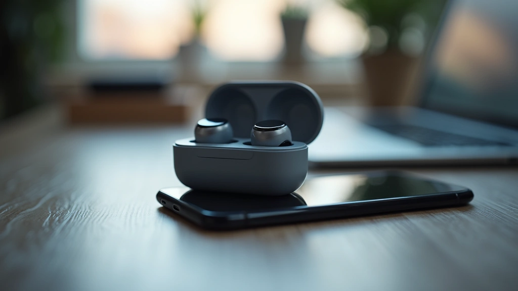 Professional flat lay of premium wireless earbuds, charging case, and smartphone on modern desk with minimalist aesthetic, studio lighting, shallow depth of field