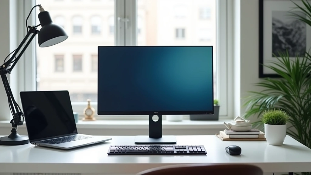 Modern home office setup featuring ultrabook laptop, external monitor, mechanical keyboard, ergonomic mouse, and desk lamp on clean white desk with natural window lighting