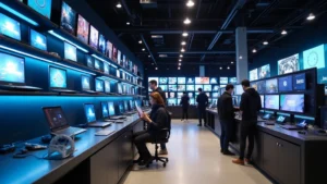Professional tech retail store interior with rows of displays showing laptops, monitors, and gaming peripherals, customers examining devices, bright modern lighting, well-organized shelving with various tech brands