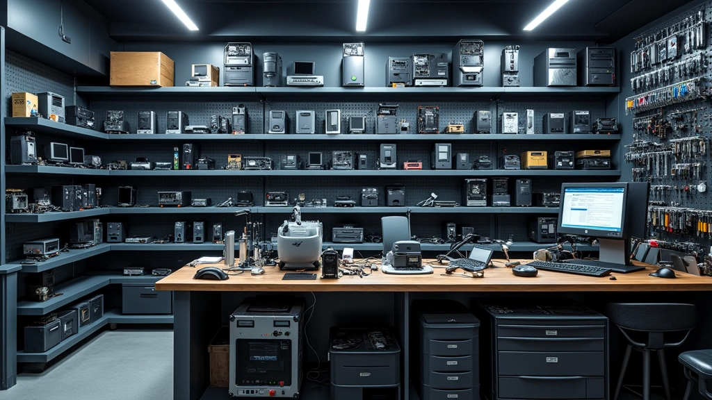 Tech repair shop workstation with computer components, tools, and refurbished devices on display shelves, organized inventory of tech parts, professional service counter area, modern retail atmosphere