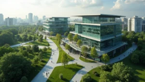 Aerial view of modern tech campus with glass buildings, green spaces, and people walking between structures during daytime