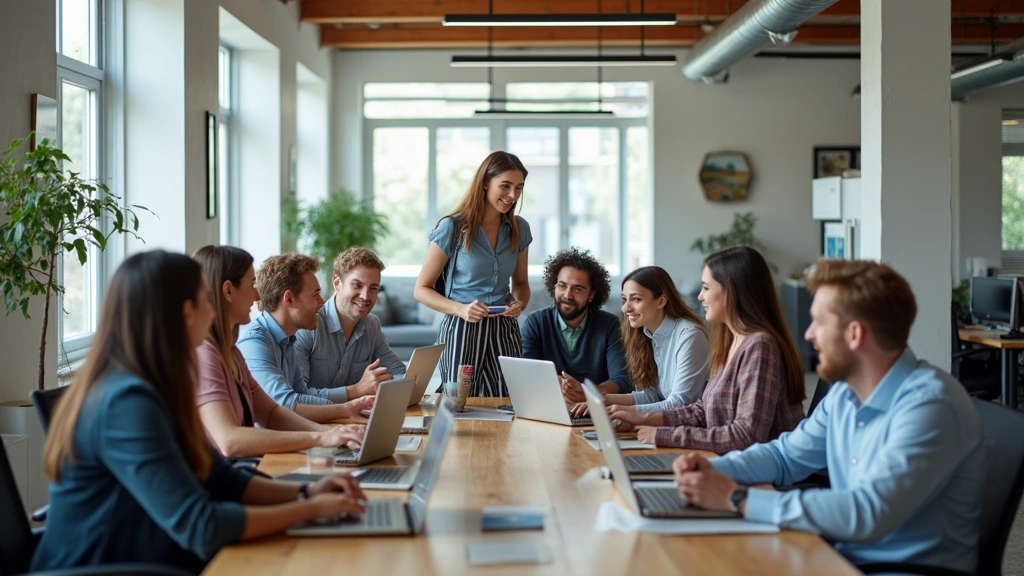 Diverse professionals collaborating in contemporary open office space with natural light, laptops, and casual seating areas