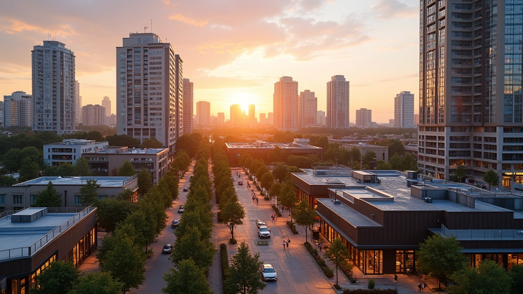 Urban skyline showing mixed-use neighborhood with residential towers, office buildings, restaurants, and pedestrian plazas at sunset