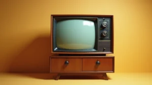 Vintage 1950s color television set with wooden cabinet, warm studio lighting, clean minimalist background, photorealistic detail showing tube technology era design