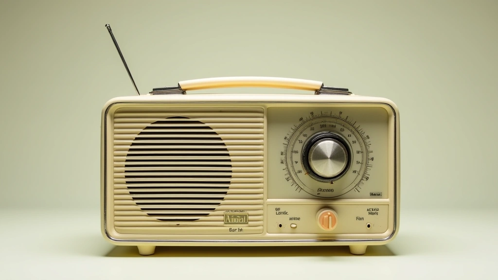 Early transistor radio from 1950s with sleek portable design, cream or pastel casing, showing period-accurate engineering aesthetic, professional product photography style