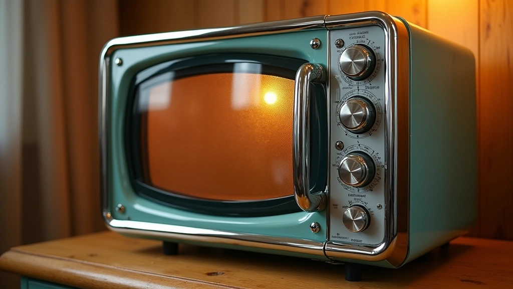 Retro microwave oven from 1950s era with chrome details and glass door, showing vintage kitchen appliance design, warm professional lighting highlighting metallic surfaces