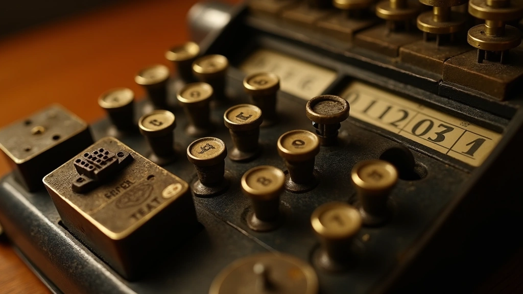 Close-up of vintage 1960s mechanical calculator with brass and metal components, showing numeric keys and mechanical display mechanisms, warm studio lighting