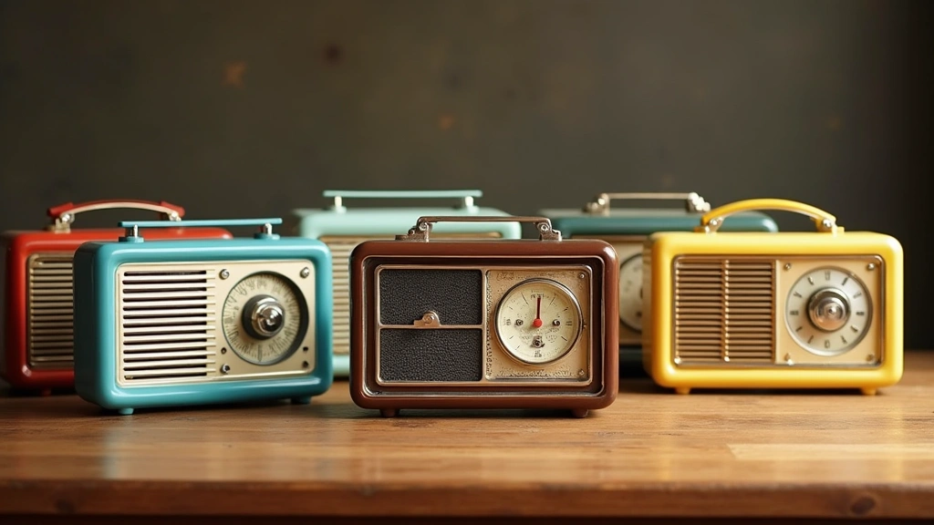 Collection of retro transistor radios from 1960s era in various colors, displaying dial mechanisms and speaker grilles, arranged on wooden surface with soft natural lighting