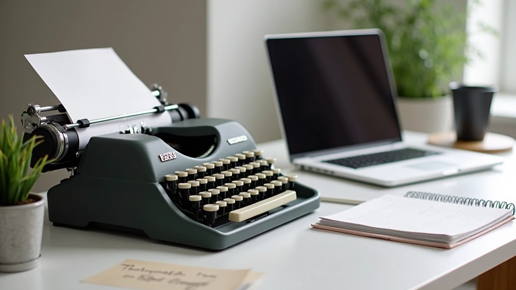 Professional setup featuring 1960s mechanical typewriter next to modern laptop, showing hybrid workflow with coffee cup and documents, minimalist desk composition