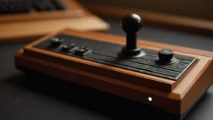 Close-up of vintage 1977 Atari 2600 console with wood-grain finish and original joystick controller on dark surface, warm lighting highlighting textured plastic