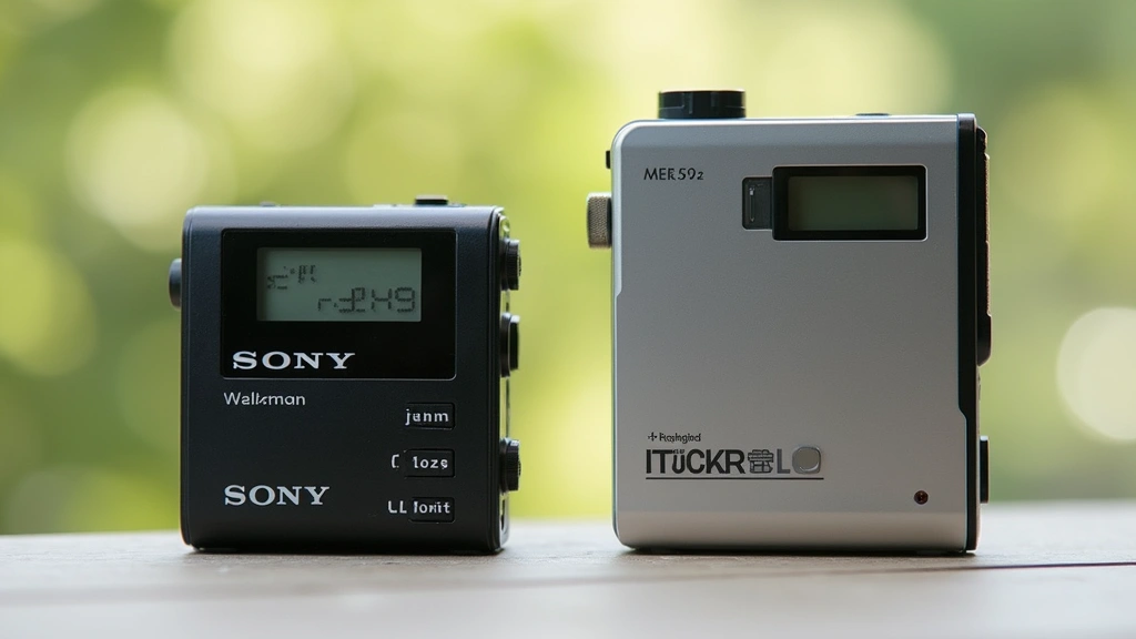 Vintage Sony Walkman and modern portable audio device side by side, showing evolution of design, natural daylight, minimalist composition with focus on form factor differences