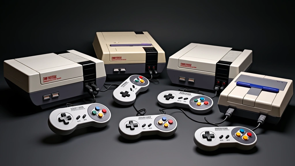 Retro gaming console collection including NES, SNES, Commodore 64, controllers arranged artfully, soft diffused lighting highlighting distinctive colorways and industrial design elements
