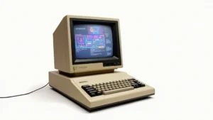 Vintage 1980s personal computer with beige chassis, mechanical keyboard, and cathode ray tube monitor displaying colorful retro graphics, studio lighting on white background