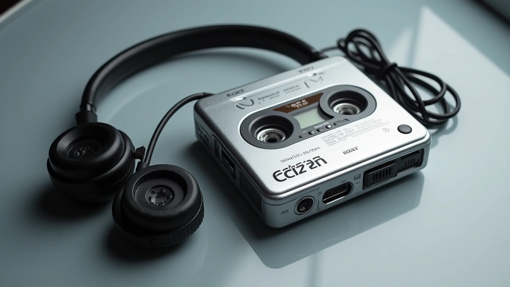 Original Sony Walkman portable cassette player in metallic silver with headphones coiled beside it, professional product photography style, soft studio lighting highlighting design details
