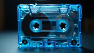 Close-up of vintage Sony Walkman with transparent blue plastic casing, showing internal mechanical components and cassette mechanism, professional studio lighting, shallow depth of field