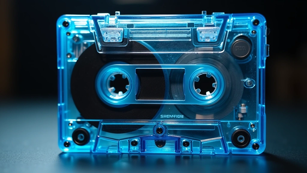 Close-up of vintage Sony Walkman with transparent blue plastic casing, showing internal mechanical components and cassette mechanism, professional studio lighting, shallow depth of field