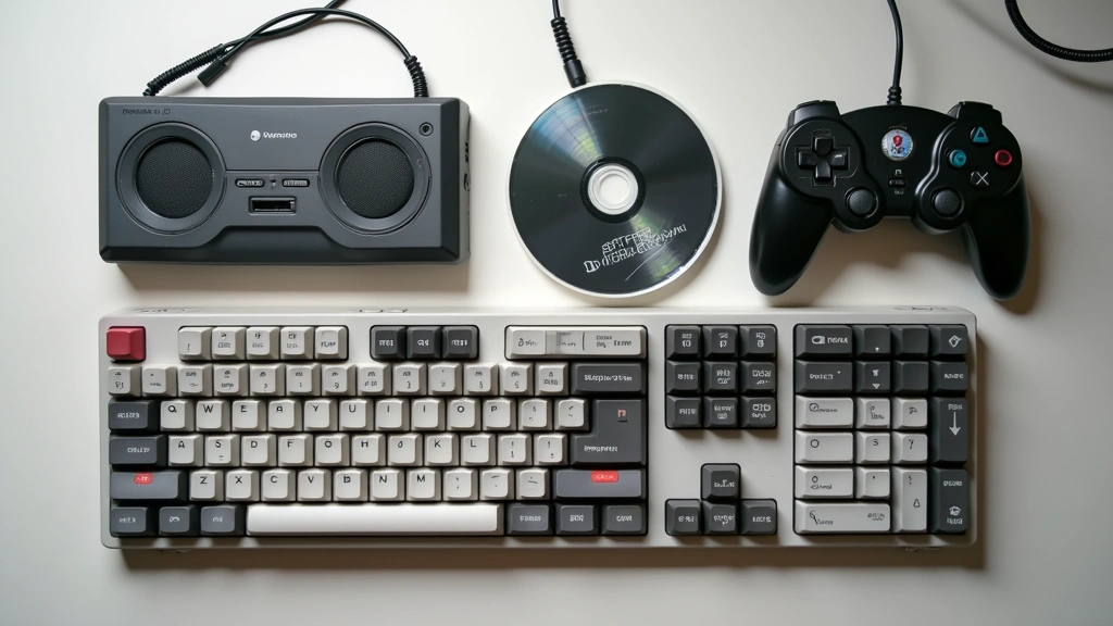 Flat lay composition of 1990s gadgets arranged artfully: mechanical keyboard with tactile switches, vintage portable CD player, retro gaming console controller, all on neutral background with soft natural lighting