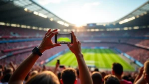 Professional football stadium packed with fans holding smartphones and cameras, capturing game action during sunny afternoon, crowd energy visible, no logos or text on devices