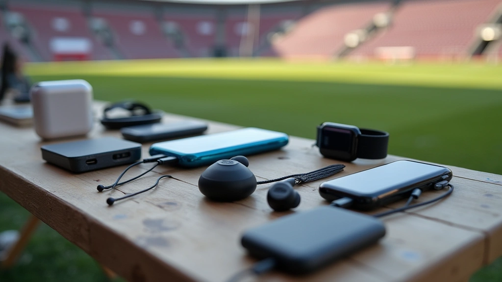 Array of portable power banks, wireless earbuds, and smartwatches arranged on outdoor tailgating table with stadium visible in background, natural lighting highlighting device details and textures
