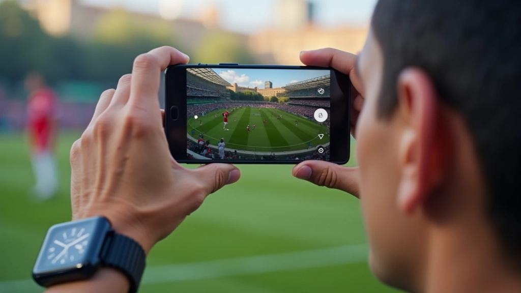 Close-up of enthusiastic fan wearing smartwatch and holding smartphone, photographing field action during game, showing genuine engagement and technology integration in real game environment