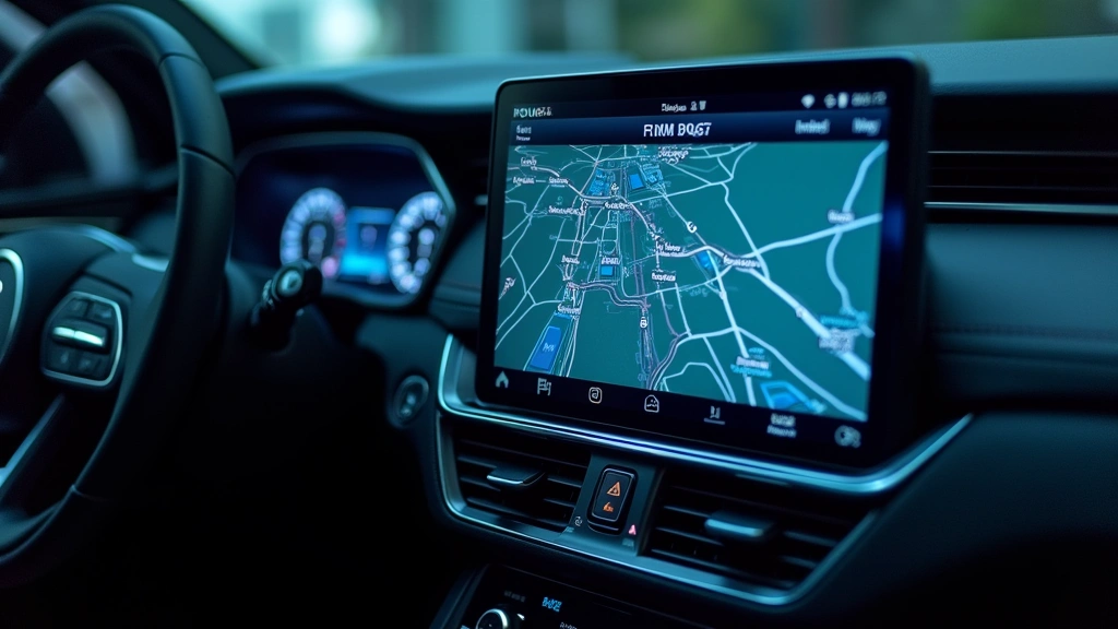 Close-up of modern automotive infotainment touchscreen displaying navigation map with dual-screen interface, blue ambient lighting, realistic dashboard setting