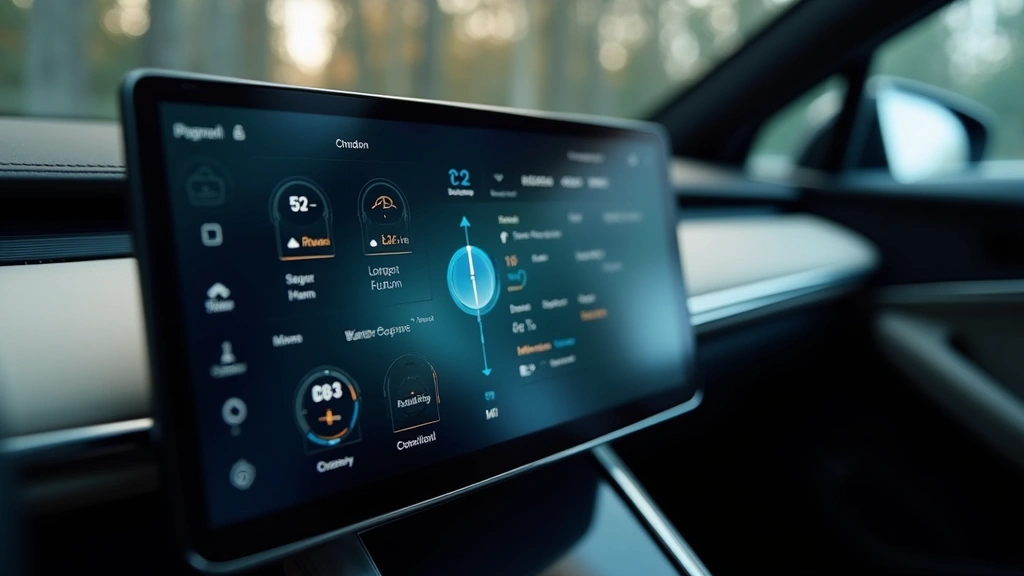 Close-up of modern vehicle touchscreen infotainment display showing digital interface with navigation and controls, sleek minimalist design, soft lighting reflecting on glass surface, premium automotive interior aesthetic