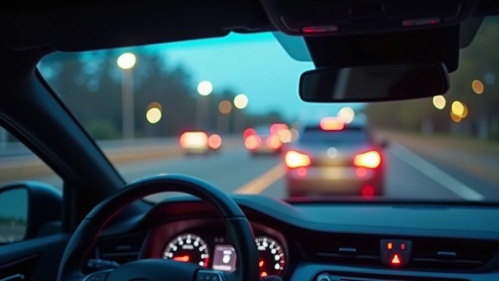 Professional photograph of advanced driver assistance system components: forward-facing camera, radar sensors, and warning indicator lights integrated into vehicle dashboard, technical precision visible, modern automotive safety technology