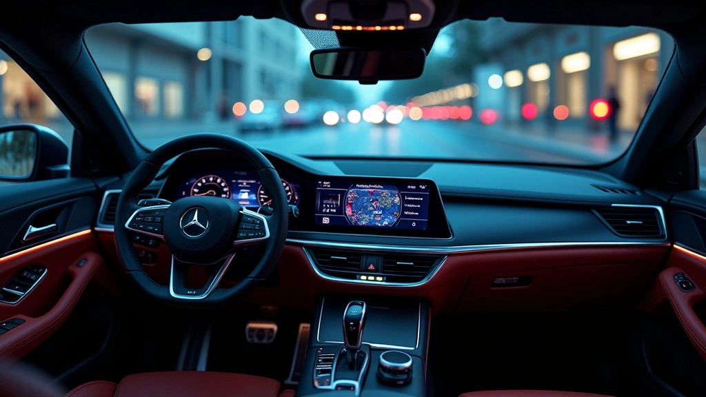 Interior cabin view showing digital instrument cluster, head-up display projection, ambient lighting, premium leather steering wheel, contemporary automotive technology integration, sophisticated dashboard design