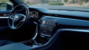 Close-up of sleek Cadillac Lyriq dashboard with curved 33-inch OLED display showing navigation interface, ambient lighting, premium materials, photorealistic detail
