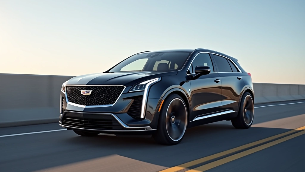 Cadillac Lyriq exterior three-quarter view on modern highway, showcasing aerodynamic design, LED headlights, luxury electric SUV profile, daylight photography