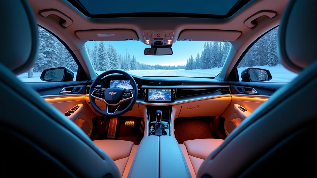 Interior cabin of luxury Cadillac Lyriq showing panoramic moonroof, heated seats, ambient lighting system, heads-up display projection, premium leather appointments