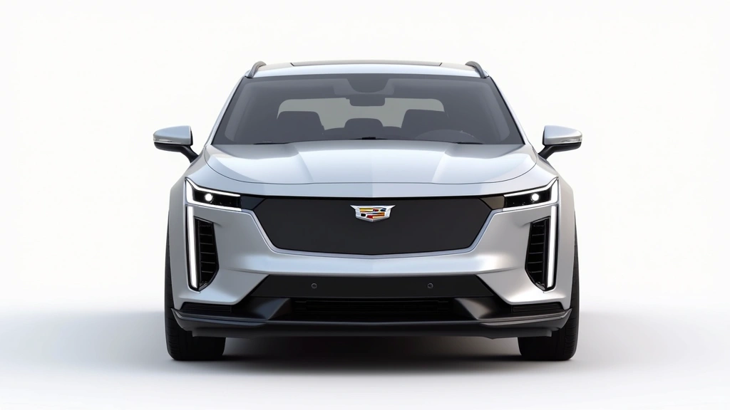 Sleek silver 2024 Cadillac Lyriq electric SUV photographed from three-quarter front angle, modern vertical LED headlights visible, premium body lines highlighted, studio lighting, clean white background, photorealistic automotive photography