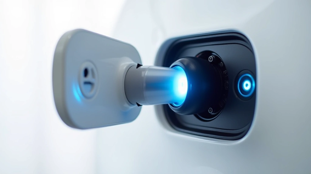 Minimalist EV charging port glowing with blue indicator light, modern connector design, close-up detail shot, metallic surfaces catching light, professional product photography style, pure white background, ultra-sharp focus