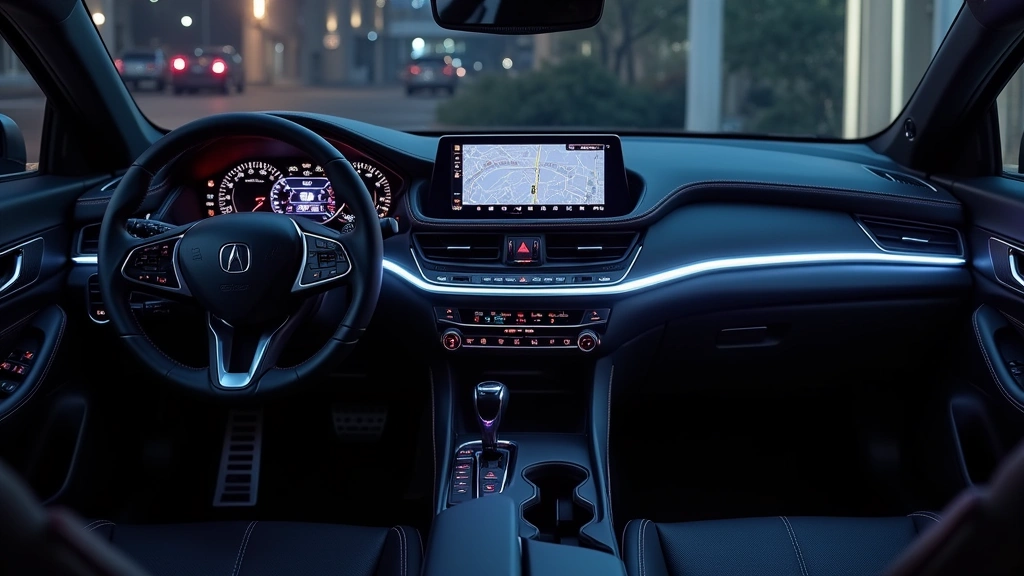 2025 Acura Integra A-Spec interior dashboard with illuminated ambient lighting, 10.2-inch touchscreen display showing navigation interface, modern minimalist design, premium soft-touch materials, photorealistic close-up of steering wheel and instrument cluster