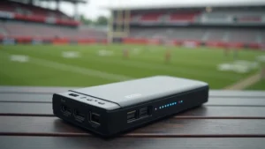 High-capacity portable power bank with multiple USB ports, showing LED battery indicator lights, compact aluminum design, sitting on outdoor tailgate table with stadium visible in background