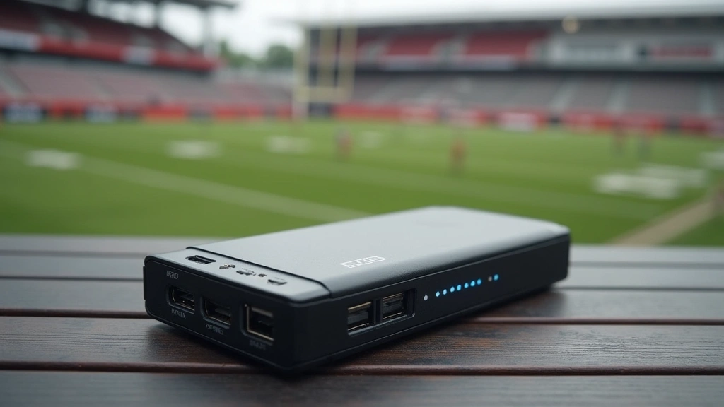 High-capacity portable power bank with multiple USB ports, showing LED battery indicator lights, compact aluminum design, sitting on outdoor tailgate table with stadium visible in background