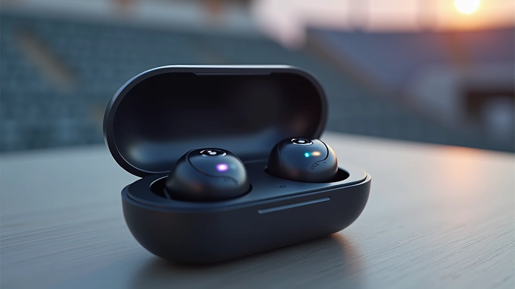 Premium wireless earbuds in charging case displaying LED indicators, metallic finish with matte details, isolated on neutral background with subtle stadium atmosphere blur